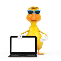 Leinwandbilder - Cute Yellow Cartoon Duck Person Character Mascot with Modern Laptop Computer Notebook and Blank Screen for Your Design. 3d Rendering