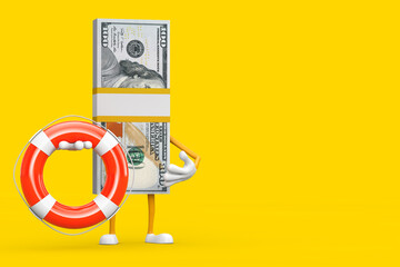 Poster - Stack of One Hundred Dollar Bills Person Character Mascot with Life Buoy. 3d Rendering