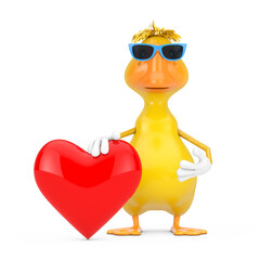 Aufkleber - Cute Yellow Cartoon Duck Person Character Mascot with Red Heart. 3d Rendering
