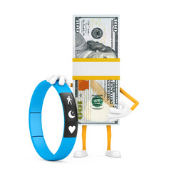 Aufkleber - Stack of One Hundred Dollar Bills Person Character Mascot with Blue Fitness Tracker. 3d Rendering