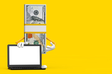 Leinwandbilder - Stack of One Hundred Dollar Bills Person Character Mascot with Modern Laptop Computer Notebook and Blank Screen for Your Design. 3d Rendering