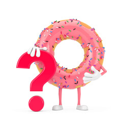 Fototapete - Big Strawberry Pink Glazed Donut Person Character Mascot with Red Question Mark Sign. 3d Rendering