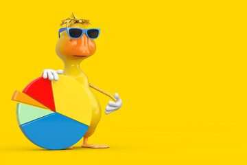 Aufkleber - Cute Yellow Cartoon Duck Person Character Mascot with Info Graphics Business Pie Chart. 3d Rendering