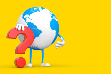 Fototapete - Earth Globe Person Character Mascot with Red Question Mark Sign. 3d Rendering