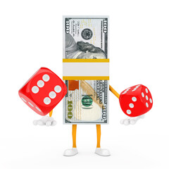 Poster - Stack of One Hundred Dollar Bills Person Character Mascot with Red Game Dice Cubes in Flight. 3d Rendering