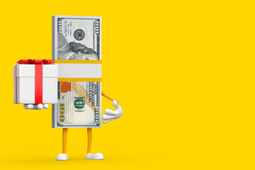 Aufkleber - Stack of One Hundred Dollar Bills Person Character Mascot with Gift Box and Red Ribbon. 3d Rendering