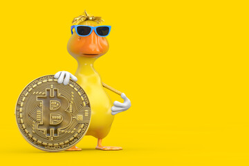 Poster - Cute Yellow Cartoon Duck Person Character Mascot with Digital and Cryptocurrency Golden Bitcoin Coin. 3d Rendering