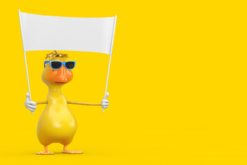 Aufkleber - Cute Yellow Cartoon Duck Person Character Mascot and Empty White Blank Banner with Free Space for Your Design. 3d Rendering