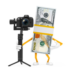 Poster - Stack of One Hundred Dollar Bills Person Character Mascot with DSLR or Video Camera Gimbal Stabilization Tripod System. 3d Rendering