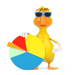 Aufkleber - Cute Yellow Cartoon Duck Person Character Mascot with Info Graphics Business Pie Chart. 3d Rendering