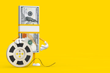 Leinwandbilder - Stack of One Hundred Dollar Bills Person Character Mascot with Film Reel Cinema Tape. 3d Rendering