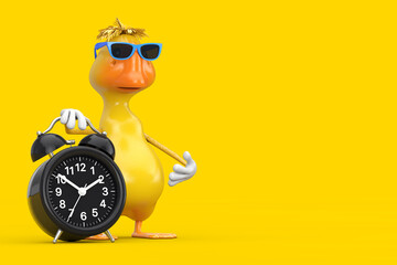 Leinwandbilder - Cute Yellow Cartoon Duck Person Character Mascot with Alarm Clock. 3d Rendering