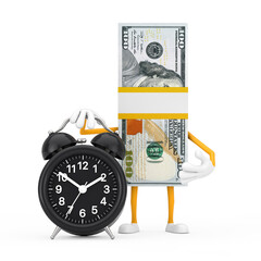 Leinwandbilder - Stack of One Hundred Dollar Bills Person Character Mascot with Alarm Clock. 3d Rendering