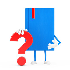 Fototapete - Blue Book Mascot Person Character with Red Question Mark Sign. 3d Rendering
