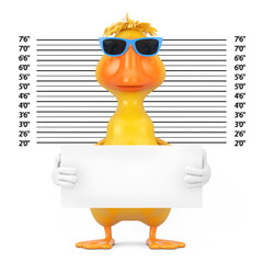 Aufkleber - Cute Yellow Cartoon Duck Person Character Mascot with Identification Plate in front of Police Lineup or Mugshot Background. 3d Rendering
