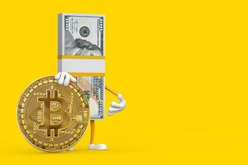 Poster - Stack of One Hundred Dollar Bills Person Character Mascot with Digital and Cryptocurrency Golden Bitcoin Coin. 3d Rendering