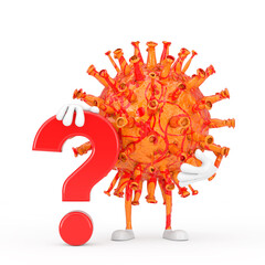 Poster - Cartoon Coronavirus COVID-19 Virus Mascot Person Character with Red Question Mark Sign. 3d Rendering