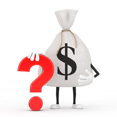 Poster - Tied Rustic Canvas Linen Money Sack or Money Bag and Dollar Sign Person Character Mascot with Red Question Mark Sign. 3d Rendering