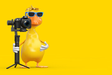 Leinwandbilder - Cute Yellow Cartoon Duck Person Character Mascot with DSLR or Video Camera Gimbal Stabilization Tripod System. 3d Rendering