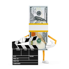Leinwandbilder - Stack of One Hundred Dollar Bills Person Character Mascot with Movie Clapper Board. 3d Rendering