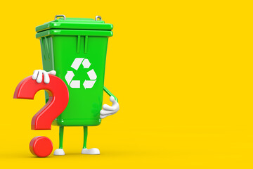 Poster - Recycle Sign Green Garbage Trash Bin Person Character Mascot with Red Question Mark Sign. 3d Rendering