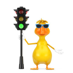 Aufkleber - Cute Yellow Cartoon Duck Person Character Mascot with Traffic Green Light. 3d Rendering