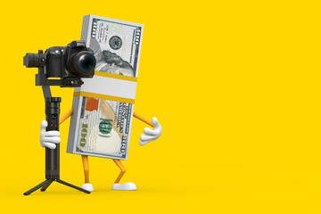 Poster - Stack of One Hundred Dollar Bills Person Character Mascot with DSLR or Video Camera Gimbal Stabilization Tripod System. 3d Rendering