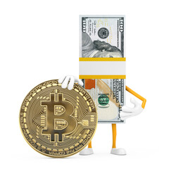 Poster - Stack of One Hundred Dollar Bills Person Character Mascot with Digital and Cryptocurrency Golden Bitcoin Coin. 3d Rendering