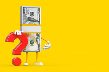 Aufkleber - Stack of One Hundred Dollar Bills Person Character Mascot with Red Question Mark Sign. 3d Rendering