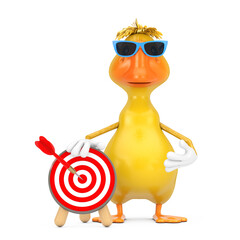 Aufkleber - Cute Yellow Cartoon Duck Person Character Mascot with Archery Target and Dart in Center. 3d Rendering