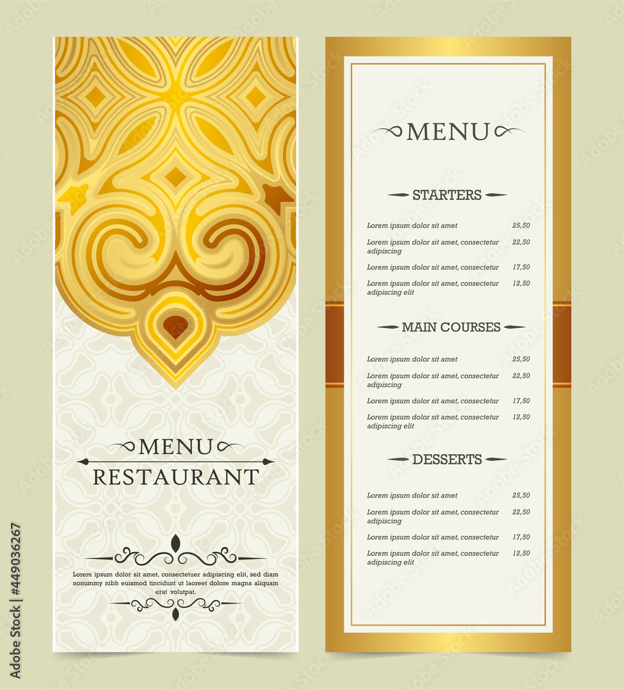Gold restaurant menu with elegant ornamental style Stock Vector | Adobe ...