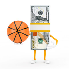 Aufkleber - Stack of One Hundred Dollar Bills Person Character Mascot with Basketball Ball. 3d Rendering