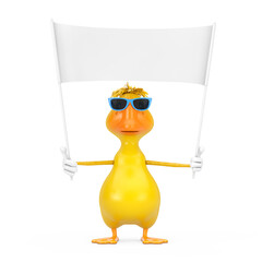 Aufkleber - Cute Yellow Cartoon Duck Person Character Mascot and Empty White Blank Banner with Free Space for Your Design. 3d Rendering