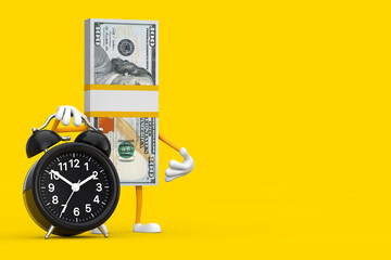 Leinwandbilder - Stack of One Hundred Dollar Bills Person Character Mascot with Alarm Clock. 3d Rendering