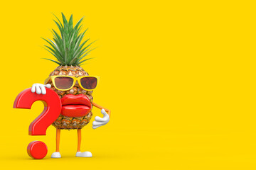 Poster - Fun Cartoon Fashion Hipster Cut Pineapple Person Character Mascot with Red Question Mark Sign. 3d Rendering