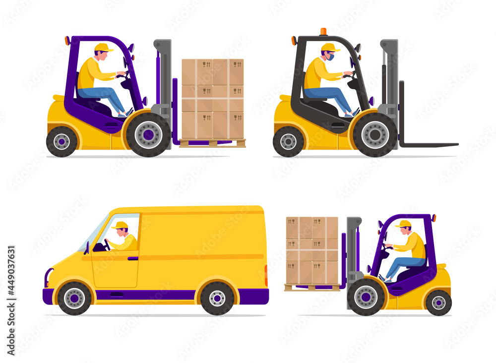 Vector forklift truck loader with driving man and stuck of boxes with ...