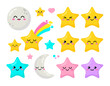 © VRTX - Vector set of cute kawaii style stars and moon - good night elements for sticker or badge design. Cartoon baby star icons. Isolated on white illustration