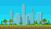 Pixel Art 8 Bit Urban Landscape With Park On City Background For Retro Video Game Design. Pixel Skyscraper Illustration