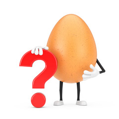 Fototapete - Brown Chicken Egg Person Character Mascot with Red Question Mark Sign. 3d Rendering