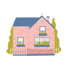 Cute Pink House, Home Apartment In Village Or Town Neighborhood Vector Illustration. Cartoon Summer Facade Of Funny House Building Cottage With Roof Door Windows Isolated On White