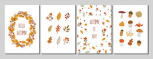 Set Of Autumn Cards. Vector Design For Card, Flyer Or Poster With Autumn Leaves, Berries And Mushrooms