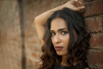 Poster - Beautiful Indian girl's portrait while leaning on a brick wall