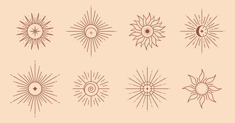 Wall Mural - Bundle of vector bohemian logo design templates with sun,moon,star and sunburst.Boho linear icons or symbols in trendy minimalist style.Modern celestial emblems.Branding designs templates.