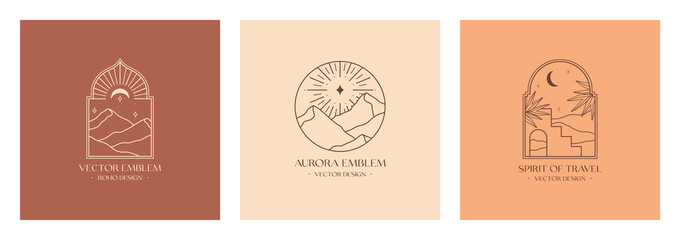 Wall Mural - vector linear boho emblems with abstract mountain landscapes.travel logos with mountains or desert d