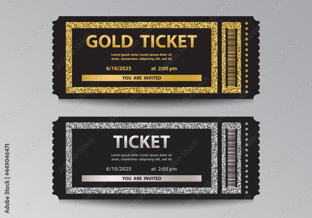 Golden and silver glittering stub ticket templates - obrazy, fototapety, plakaty 