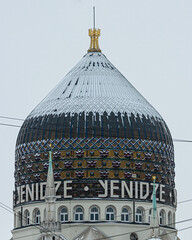 the snow-covered dome of the yenidze in Dresden