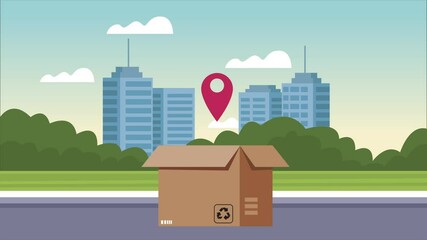 Wall Mural - logistic service animation with box on the city