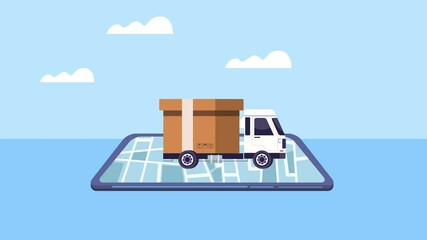 Wall Mural - logistic service animation with truck box in smartphone