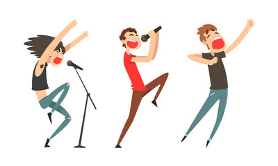 Poster - Rock and Pop Singers with Microphone Singing Performing on Stage Vector Set