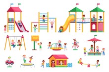 Kids Playground. Children Swing And Slides Garden, Colorful Bright Rides, Toddlers Play In Park, Carousels And Trampolines. Happy Girls And Boys Playing Outdoors Vector Cartoon Isolated Set
